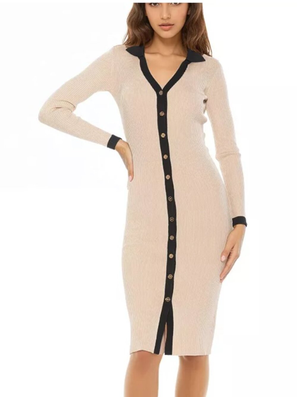 🌹NWOT🌹Almost Famous Midi Knit Dress Beige Black Trim Classic